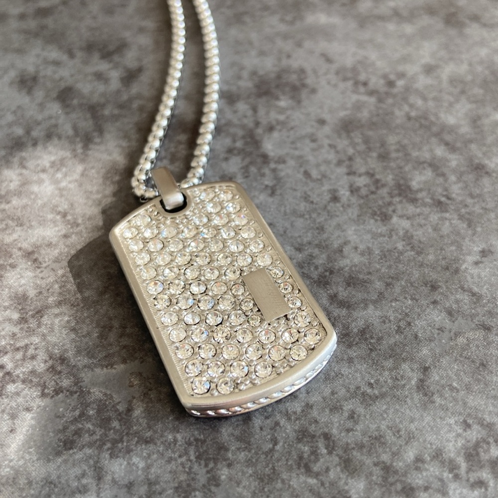 Pave stainless steel dog tag necklace